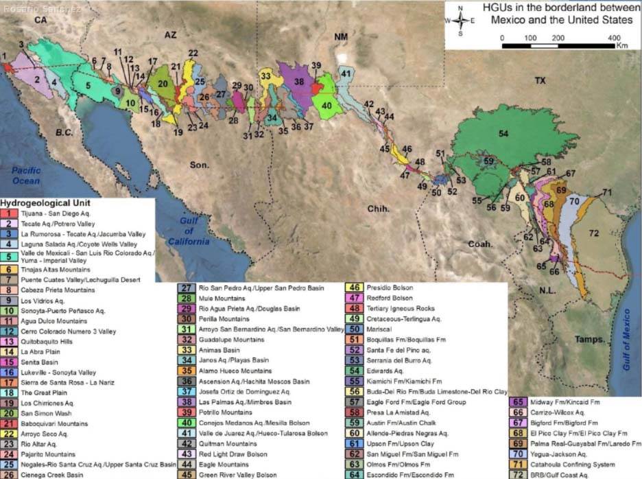 Complete map of the transboundary aquifers between Mexico and the United States by Rosario Sanchez, Ph.D. and Laura Rodriguez.